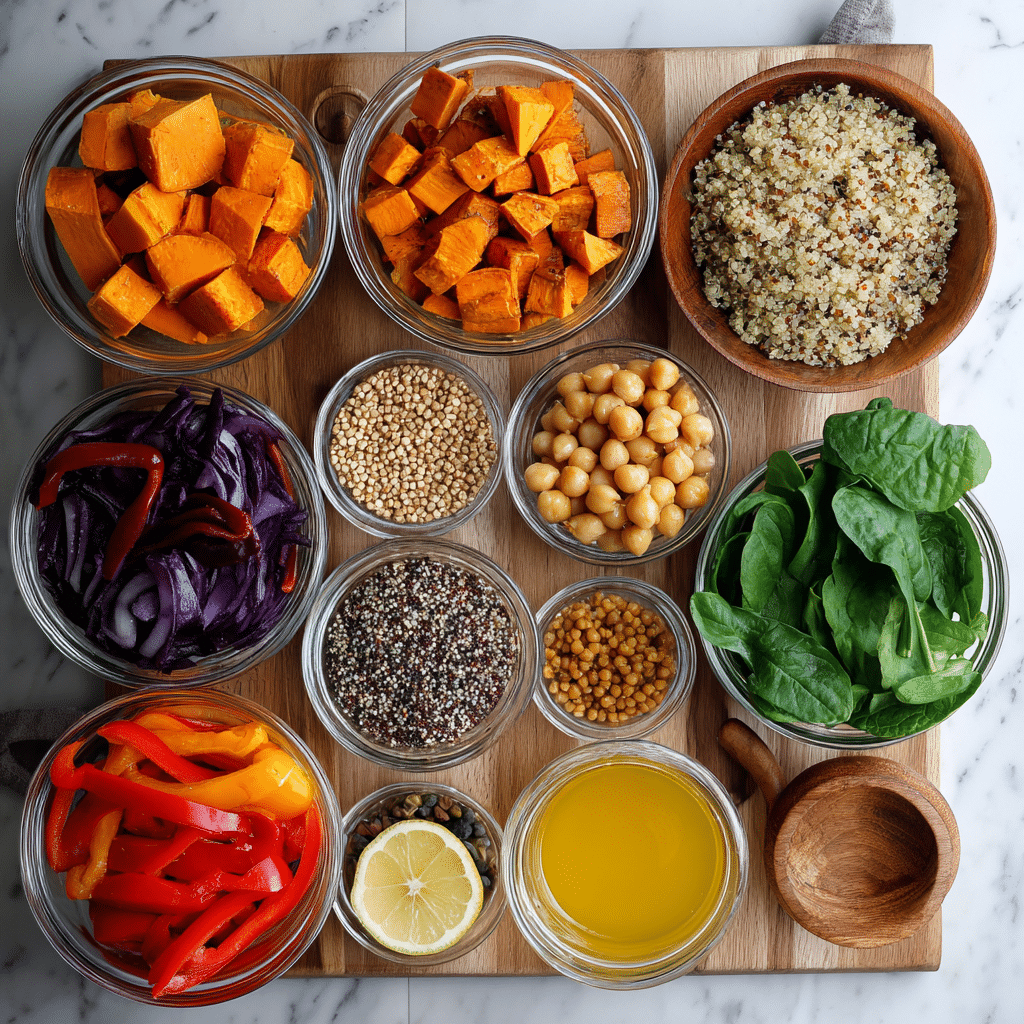 Quinoa and roasted veggie salad jar ingredients