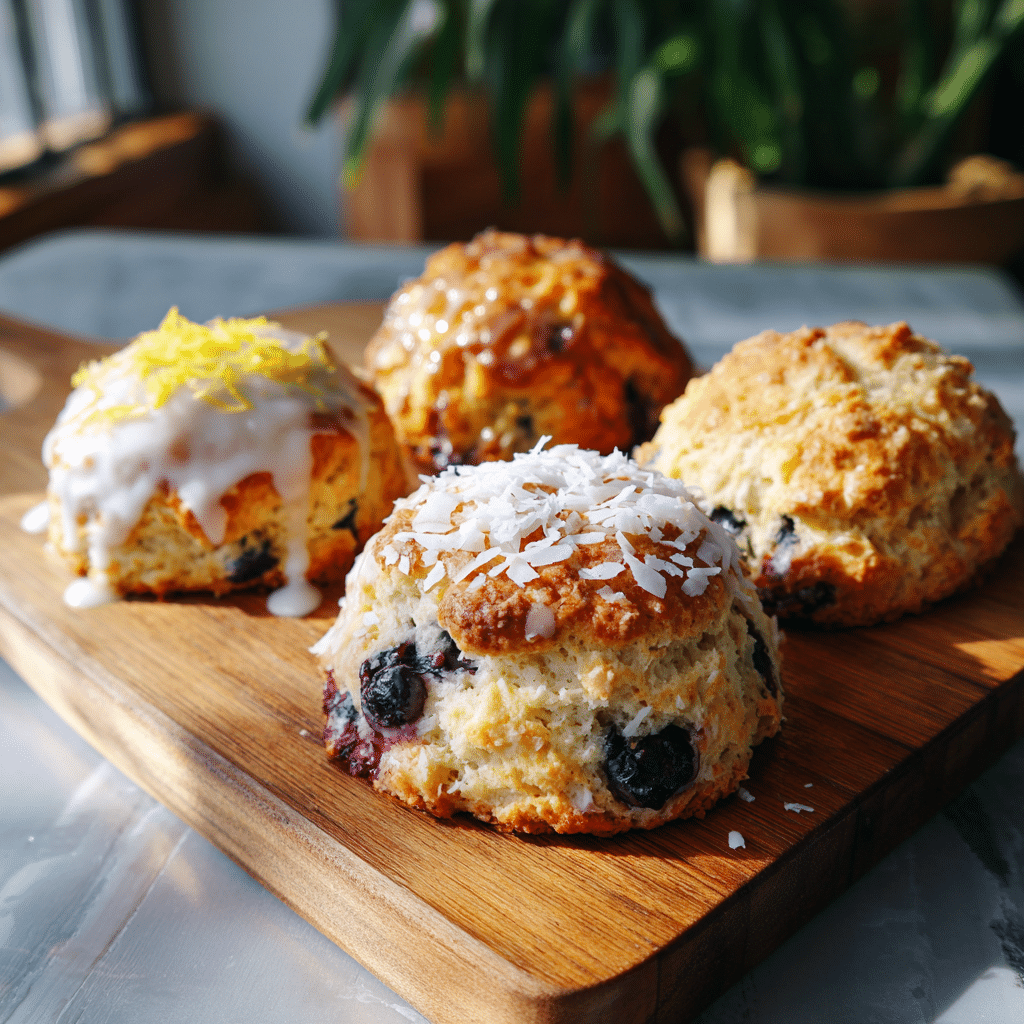Four variations of blueberry scones including lemon glaze, coconut, streusel topping, and honey drizzle.