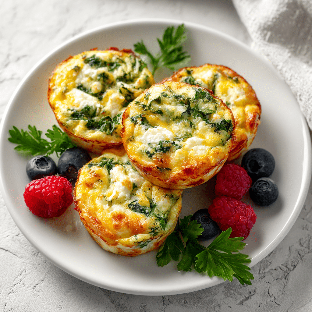 Baked gluten-free spinach and feta egg muffins on plate