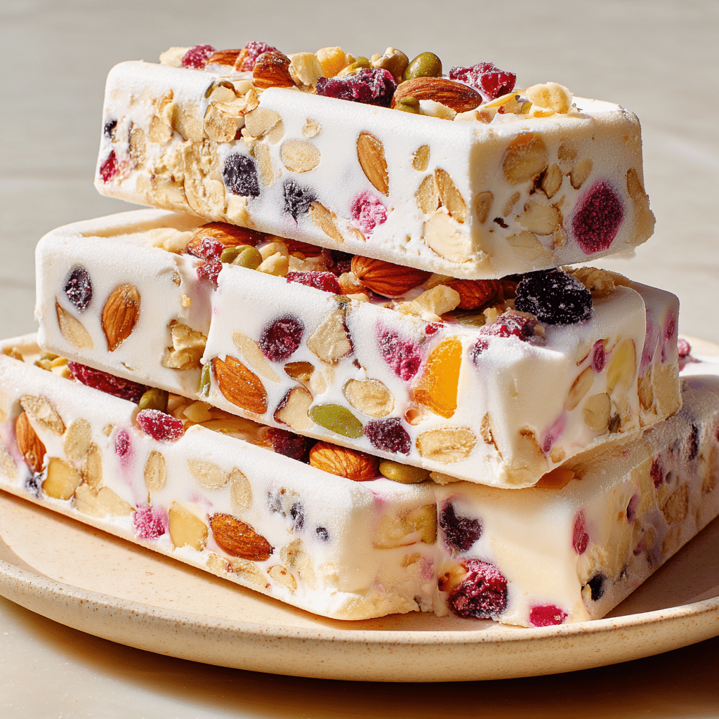 Frozen Greek yogurt bars sliced and stacked on a plate