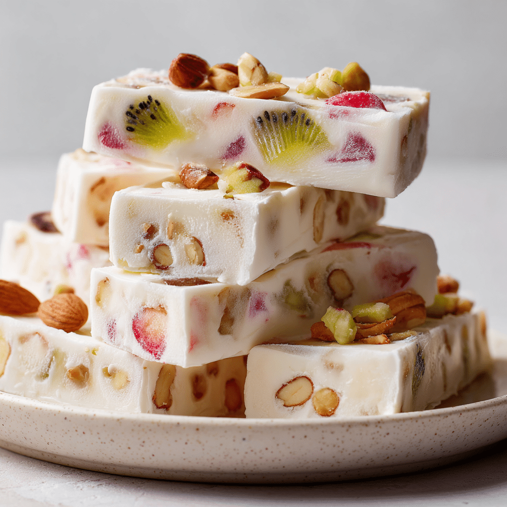 Frozen Greek yogurt bars topped with berries and nuts on a wooden board