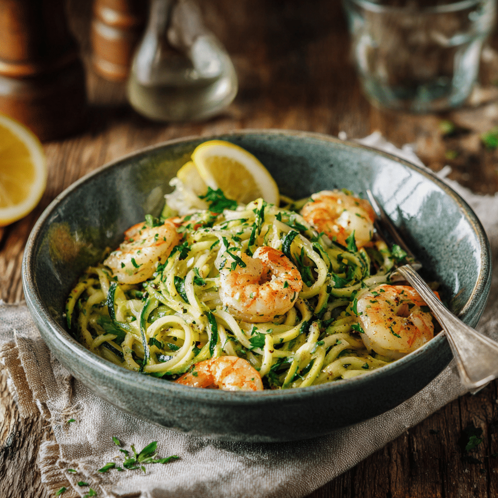 Served bowl of garlic butter shrimp and zucchini noodles