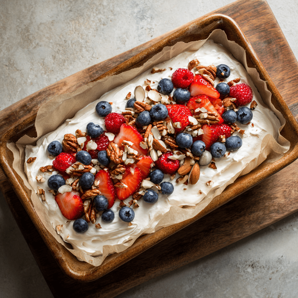 Greek yogurt mixture spread in a baking pan with berries and nuts on top