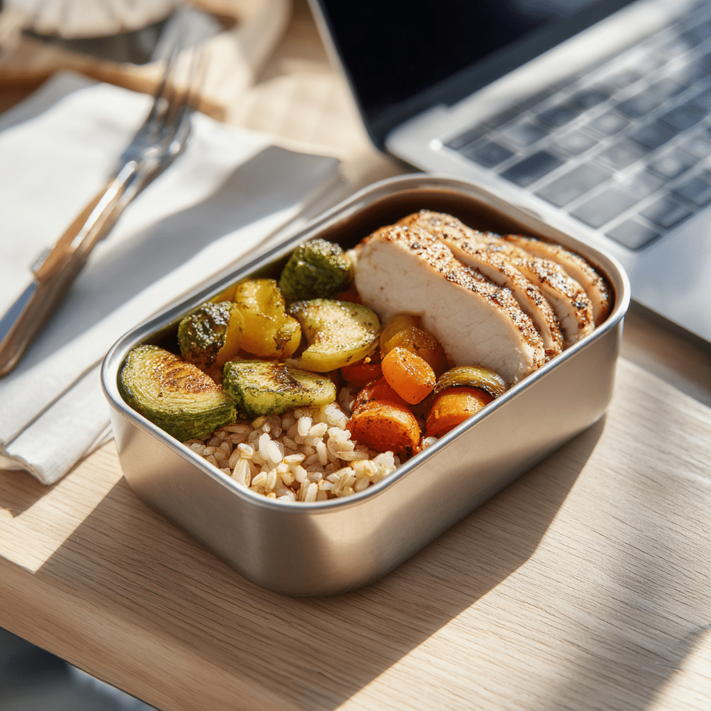 serving easy chicken and veggie lunch box at work