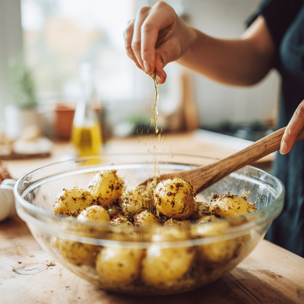 Hands tossing seasoned baby potatoes in a mixing bowl with wooden spoon