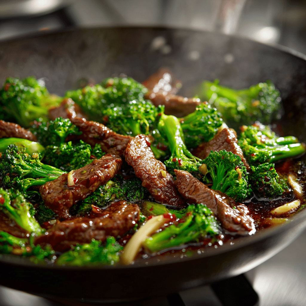 Beef strips and broccoli cooking in a wok with garlic soy sauce, high heat stir fry