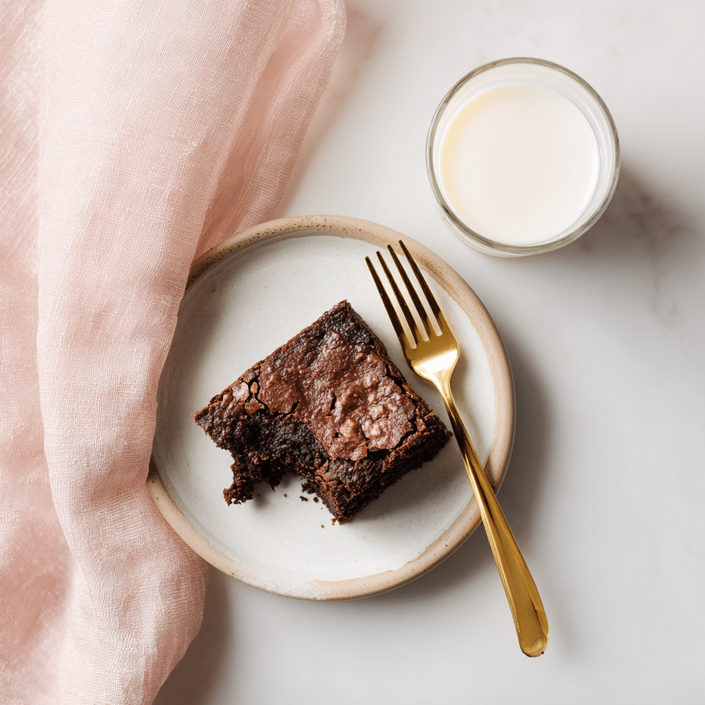 Gluten-free brownie served on a white plate in soft light