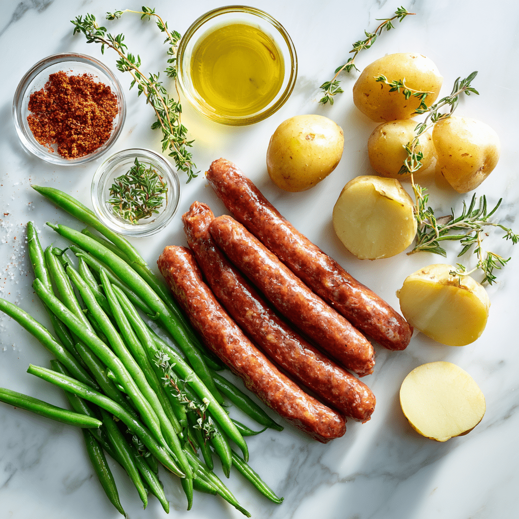 Overhead of raw chicken sausage, green beans, halved baby potatoes, oil and spices on white marble
