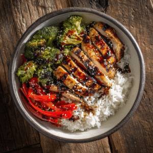 Final plated teriyaki chicken bowl with chopsticks, sesame seed garnish, bright lighting, and clean presentation