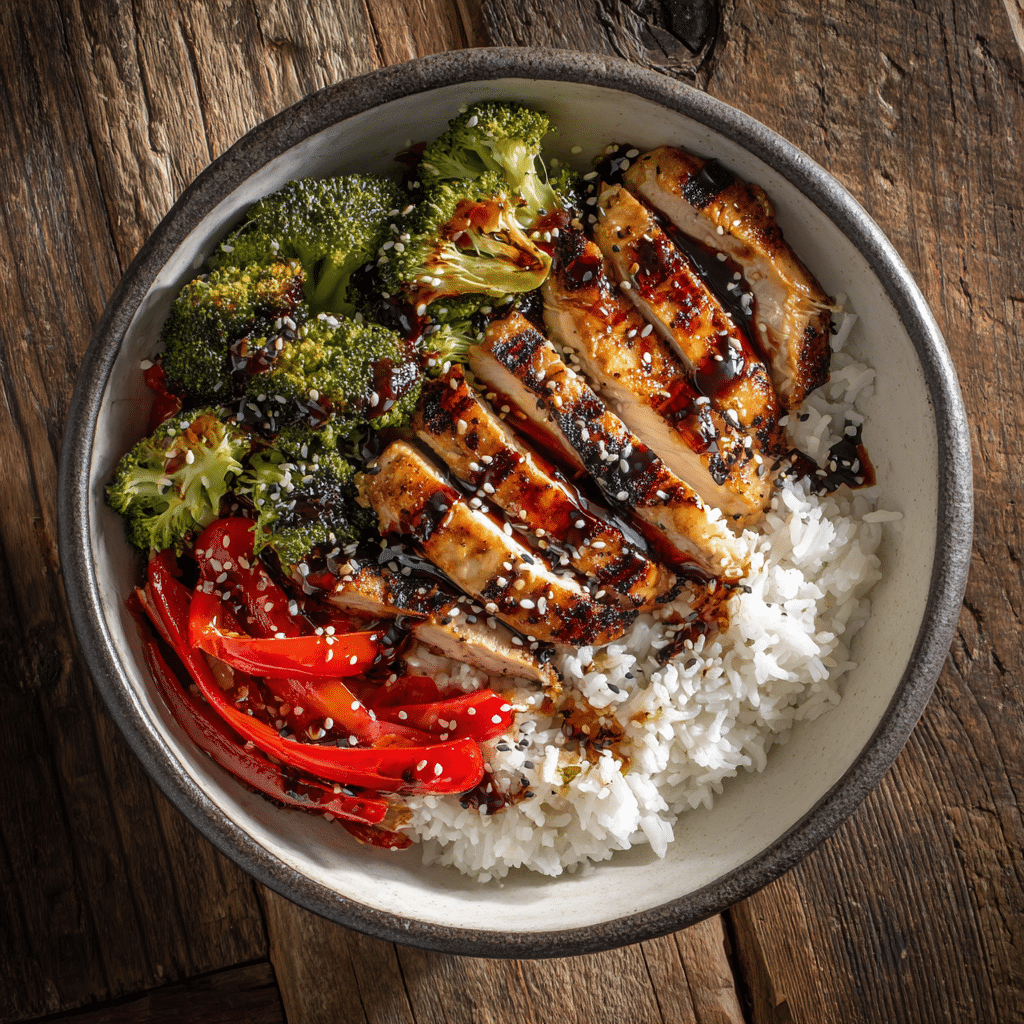 Final plated teriyaki chicken bowl with chopsticks, sesame seed garnish, bright lighting, and clean presentation