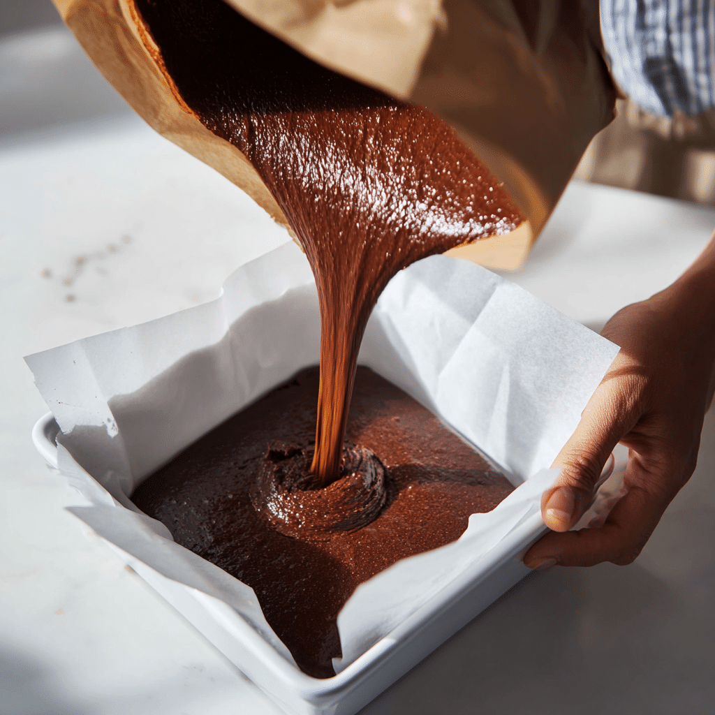 Pouring brownie batter into a white baking pan