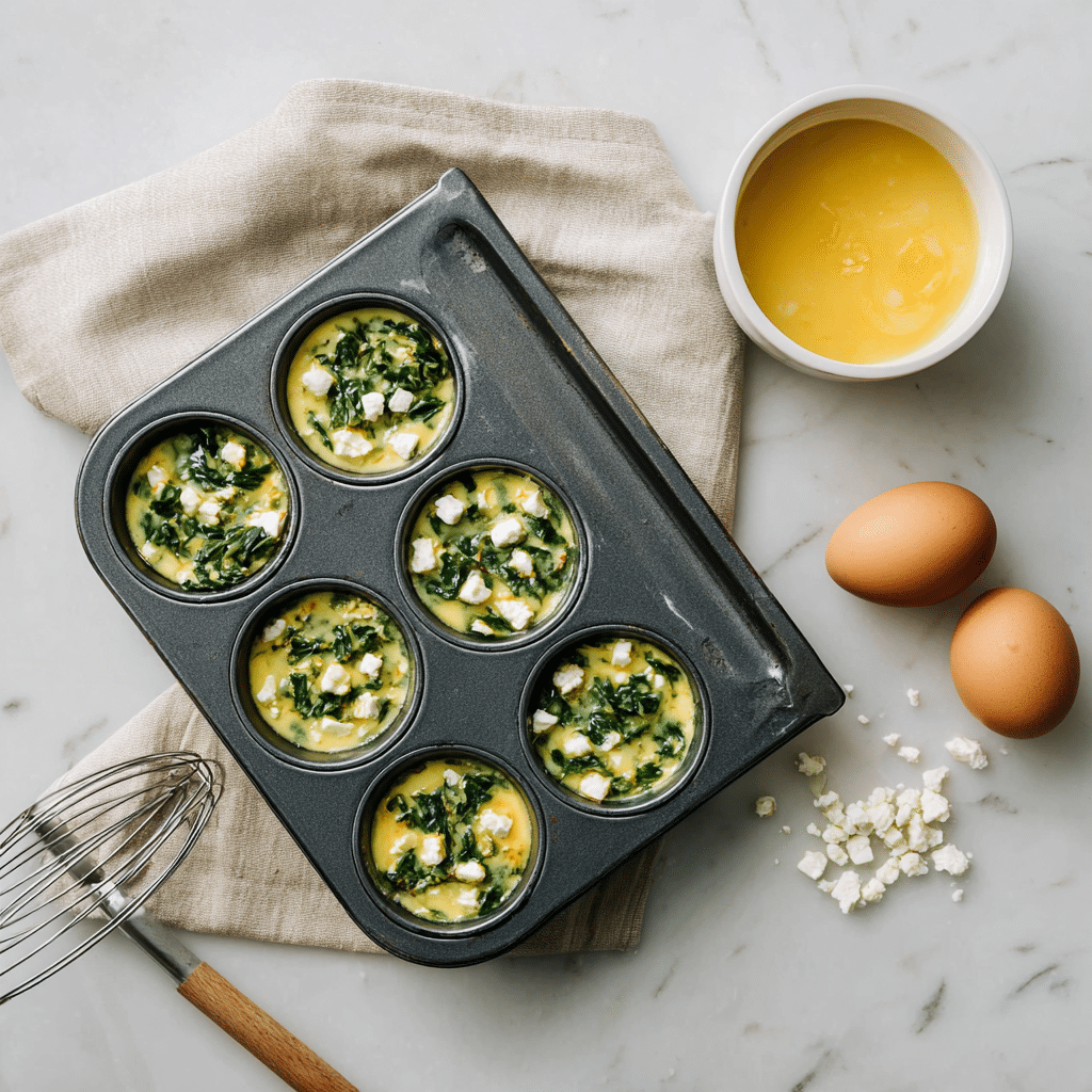 Muffin tin filled with spinach and feta egg mixture