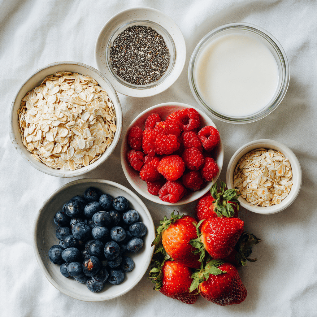 Ingredients for make-ahead gluten-free overnight oats with berries