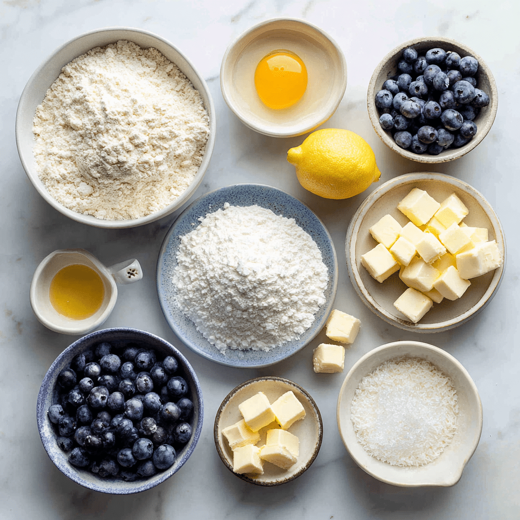 Overhead shot of gluten-free flour, blueberries, butter, sugar, egg, and other ingredients for blueberry scones.