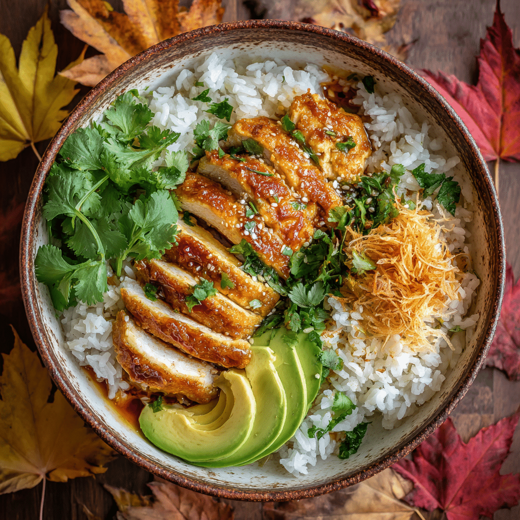 Gluten free Coconut Chicken Rice Bowl in cozy fall setting