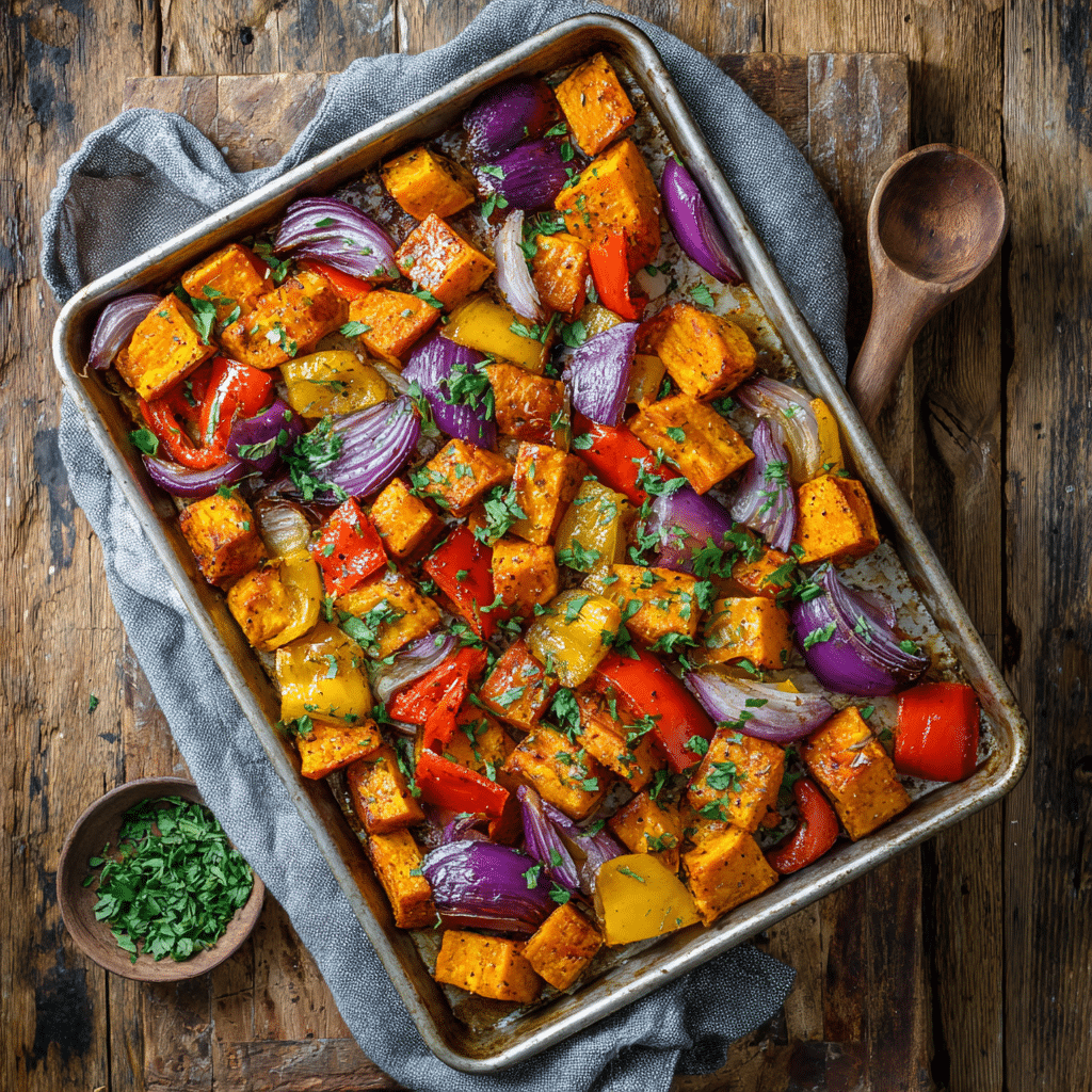 Sheet pan sweet potato and veggie hash roasted