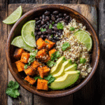 sweet potato and black bean bowls with avocado and lime