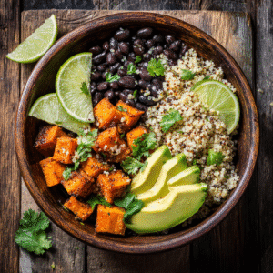 sweet potato and black bean bowls with avocado and lime