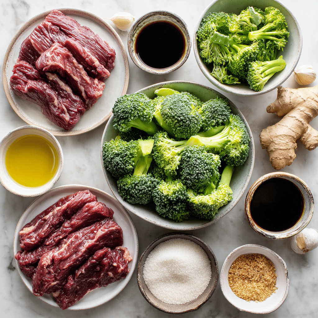 Fresh broccoli, sliced raw beef, garlic, ginger, soy sauce, oyster sauce, and seasonings on white kitchen counter