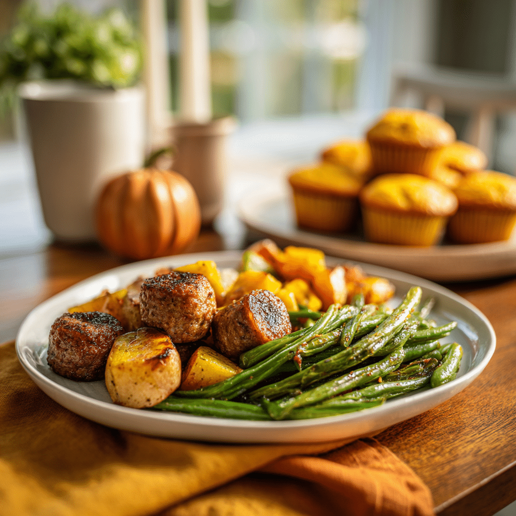 Plate of roasted sausage, potatoes, and green beans with cozy fall table setting