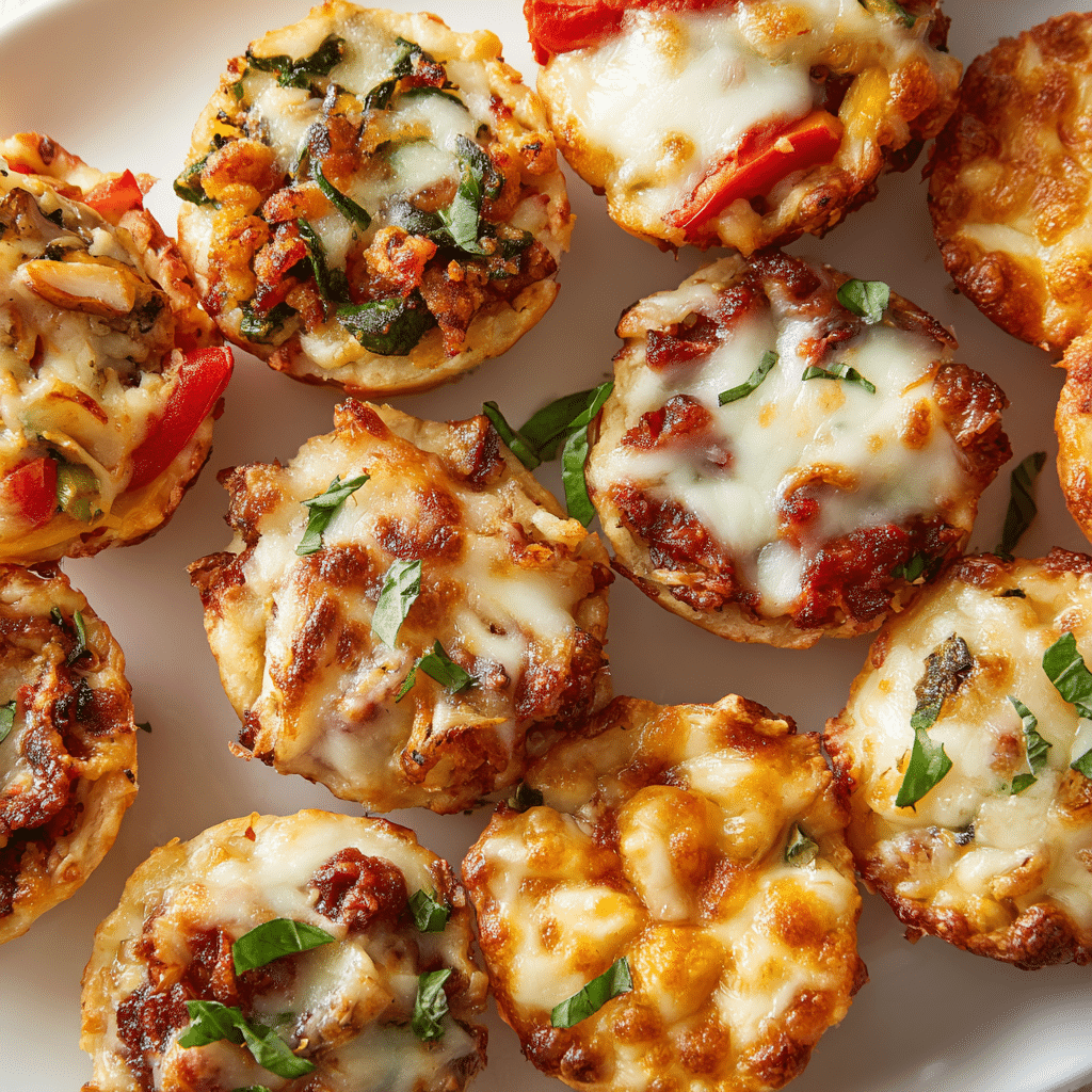 Assorted gluten free pizza bites in different flavors on a plate.