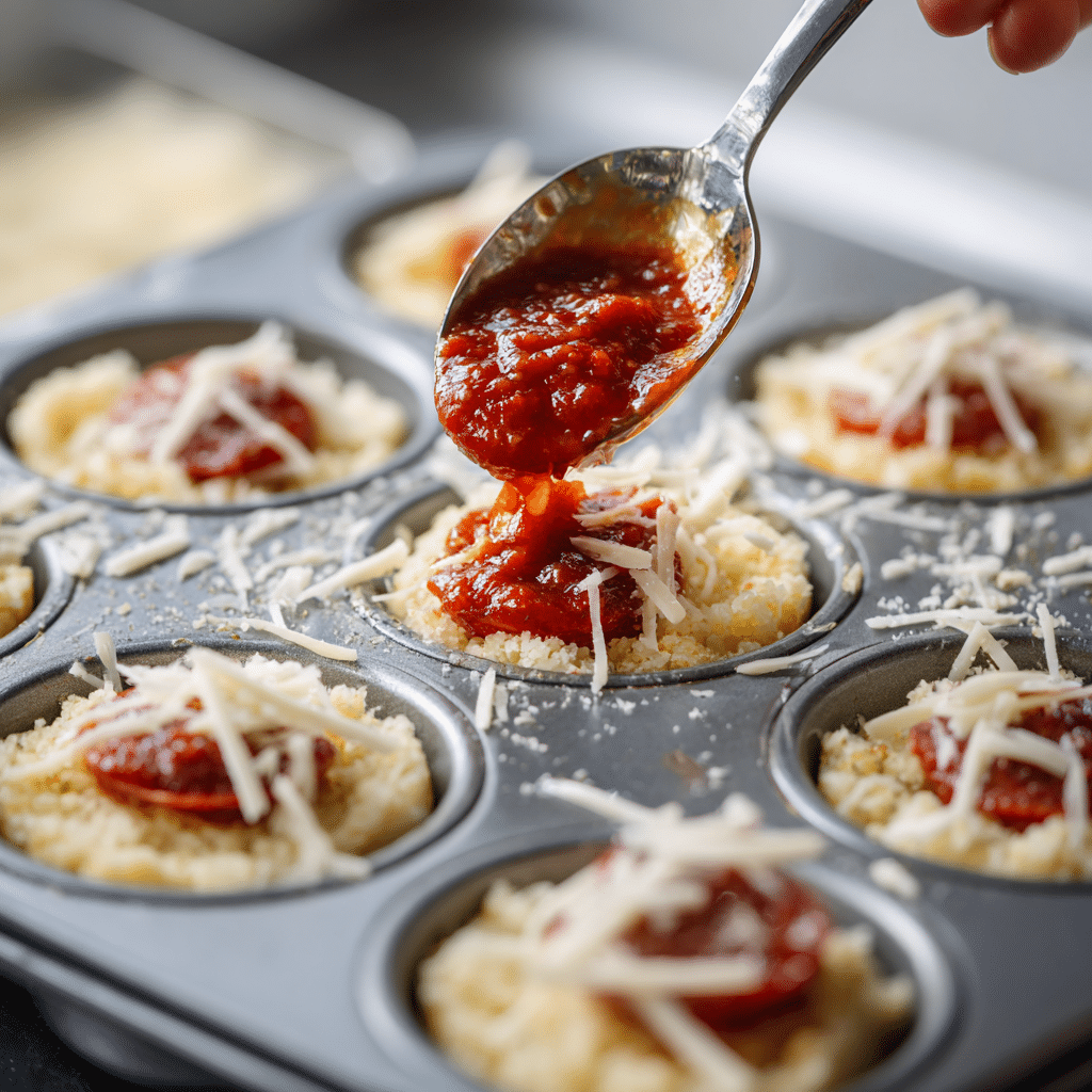 Filling mini muffin tin with gluten free pizza bites batter and pizza sauce.