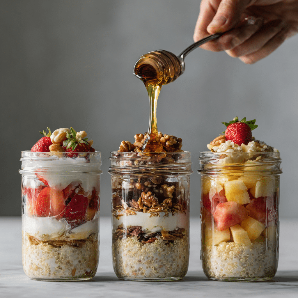 Layering quinoa jars with honey and nuts