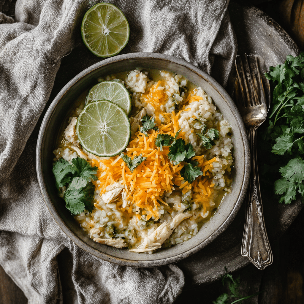 Bowl of gluten free green chili chicken and rice ready to eat