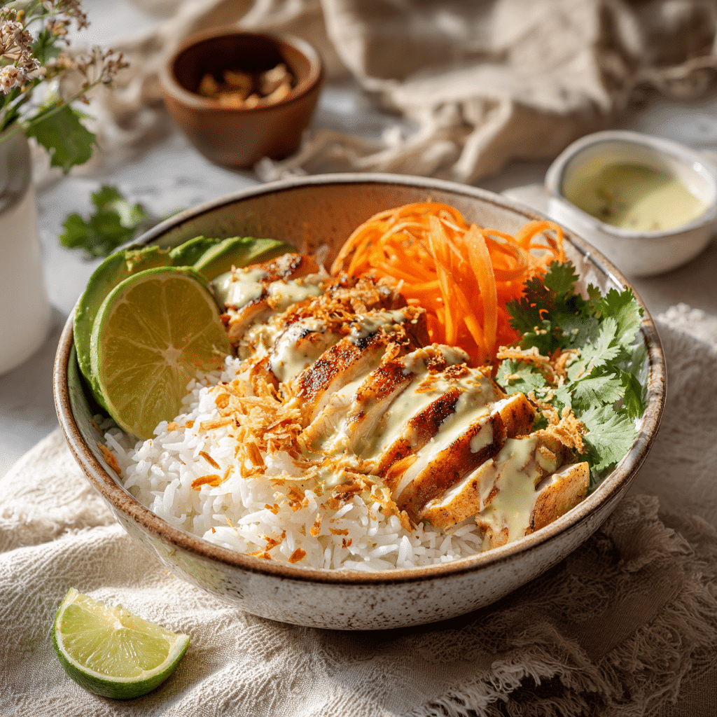 Served coconut chicken rice bowl with toppings