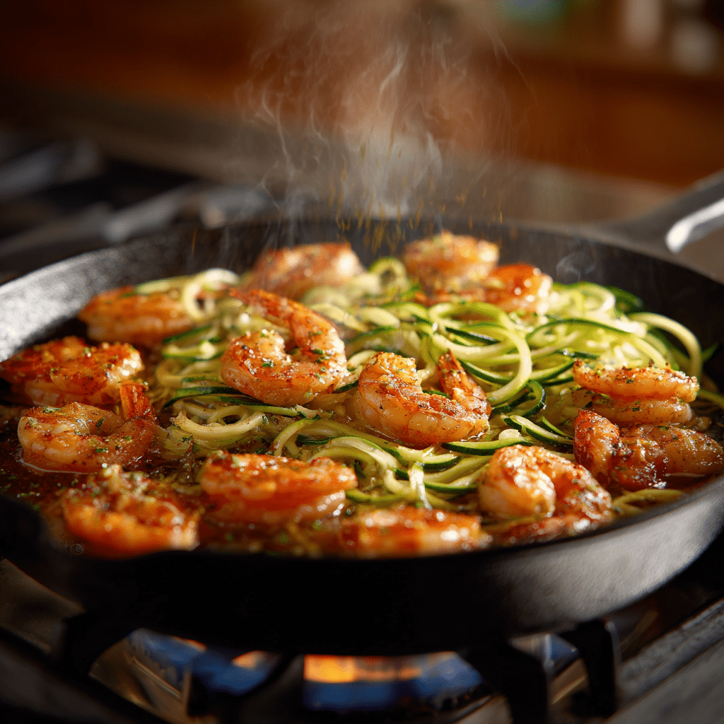 Cooking shrimp and zucchini in garlic butter