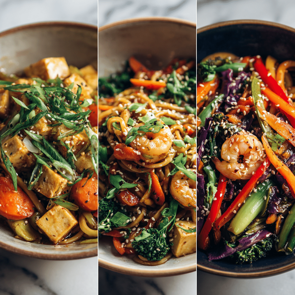 Three bowls of gluten-free lo mein variations with tofu, shrimp, and chicken, each with colorful vegetables.