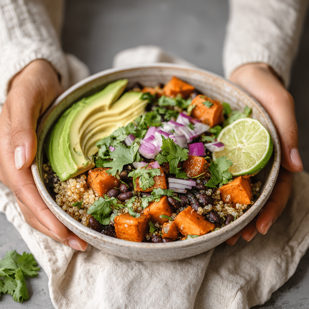 finished sweet potato and black bean bowl ready to eat