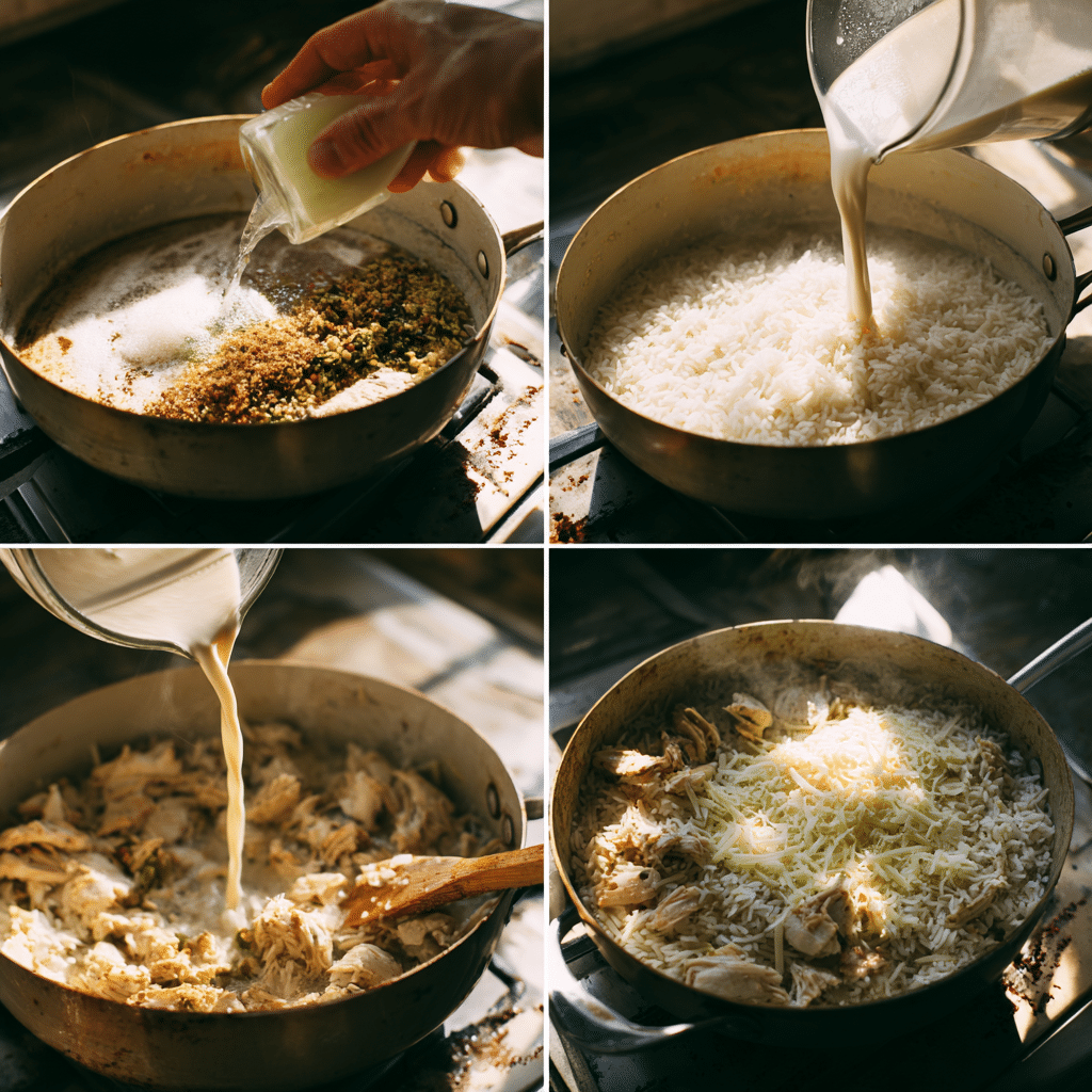 Step-by-step process of cooking gluten free chicken and rice