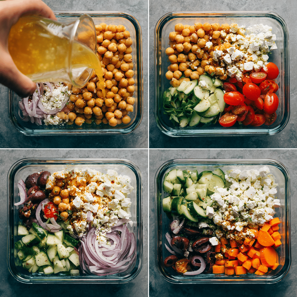Step-by-step chickpea salad meal prep process