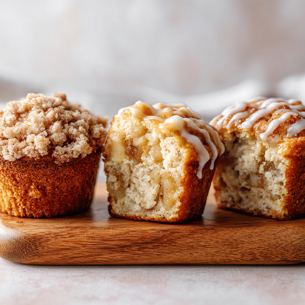 Three variations of mini apple muffins: plain, streusel-topped, and maple-glazed.