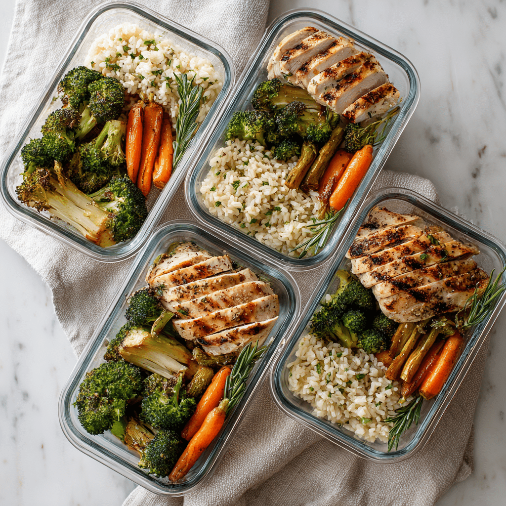 easy chicken and veggie lunch boxes arranged for weekly prep