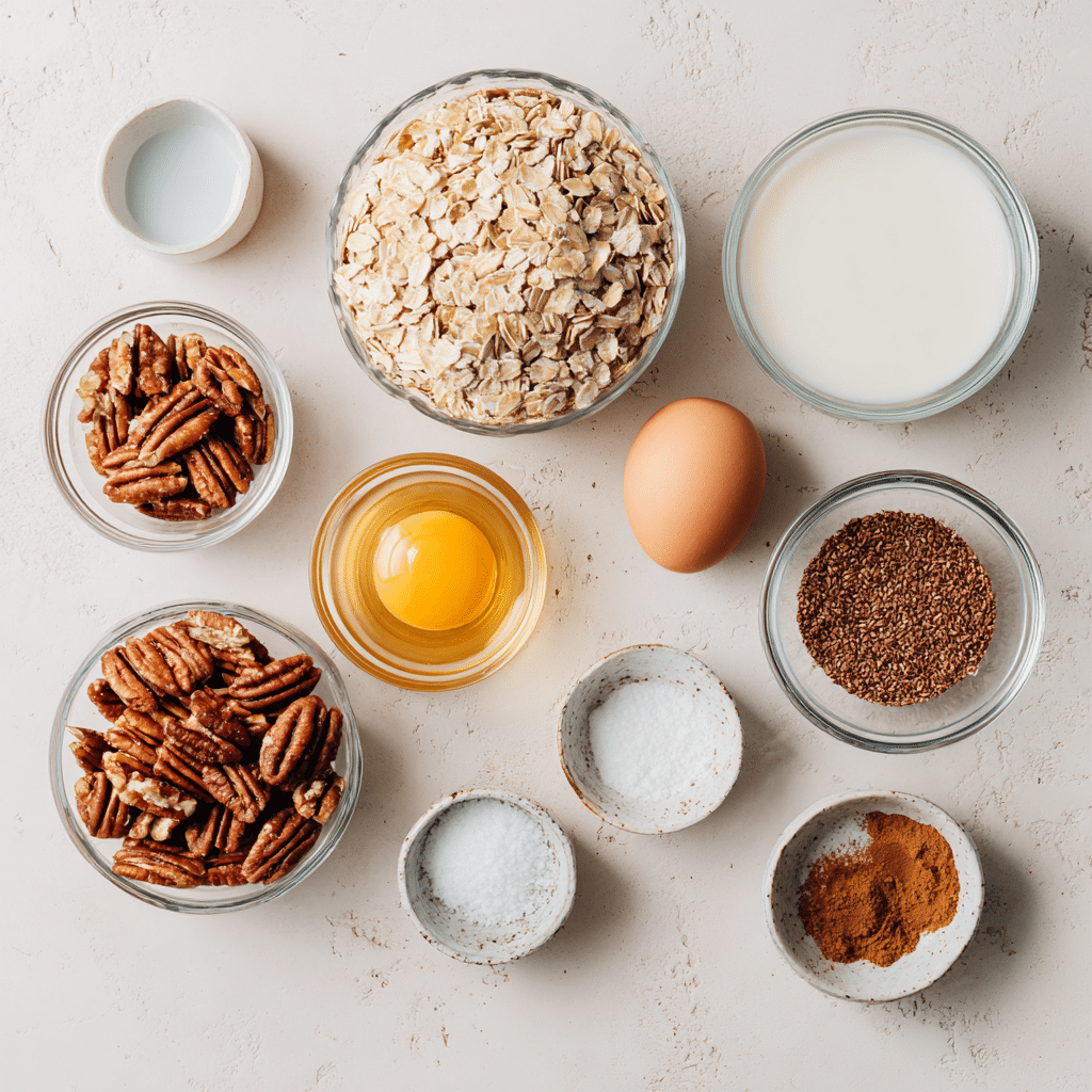Gluten free oatmeal ingredients including oats, pecans, maple syrup, almond milk, cinnamon, and eggs arranged on a white kitchen counter