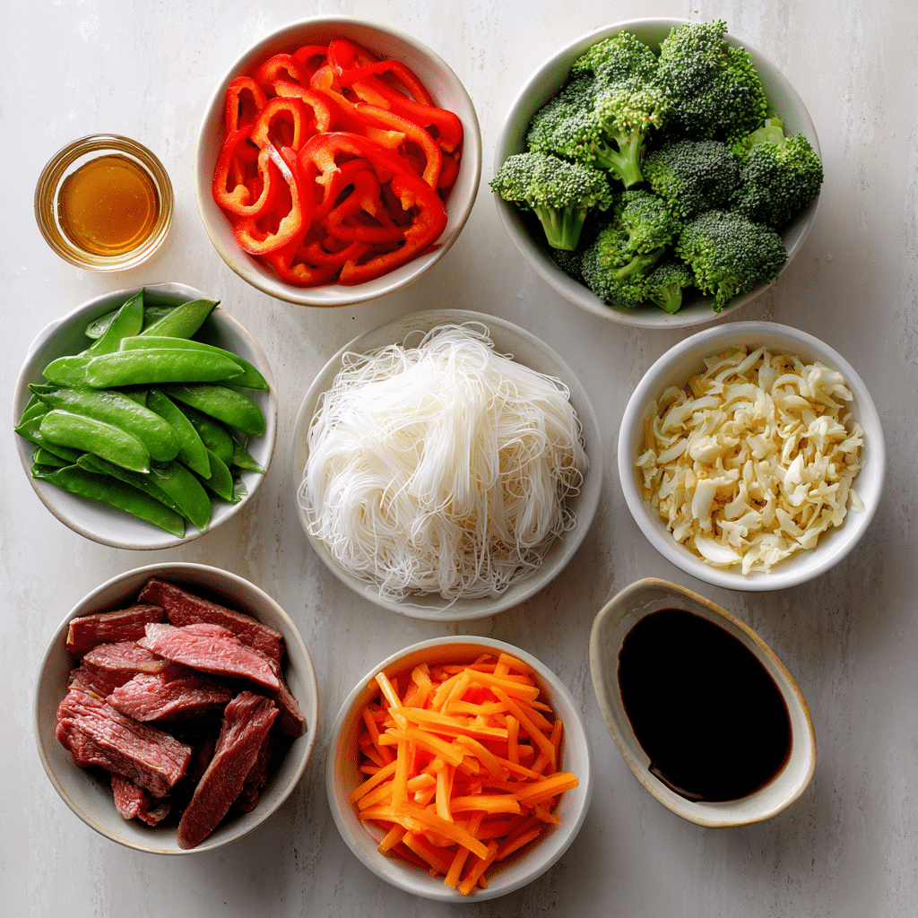 Fresh ingredients for gluten-free beef lo mein including sliced beef, rice noodles, vegetables, garlic, and sauces on a white kitchen counter.