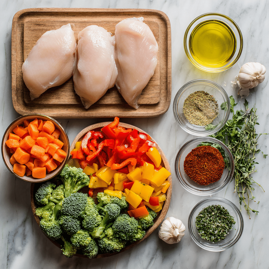 raw ingredients for easy chicken and veggie lunch boxes