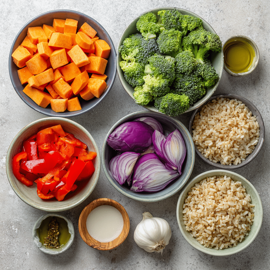 Ingredients for Roasted Veggie and Brown Rice Breakfast Bowls on kitchen counter
