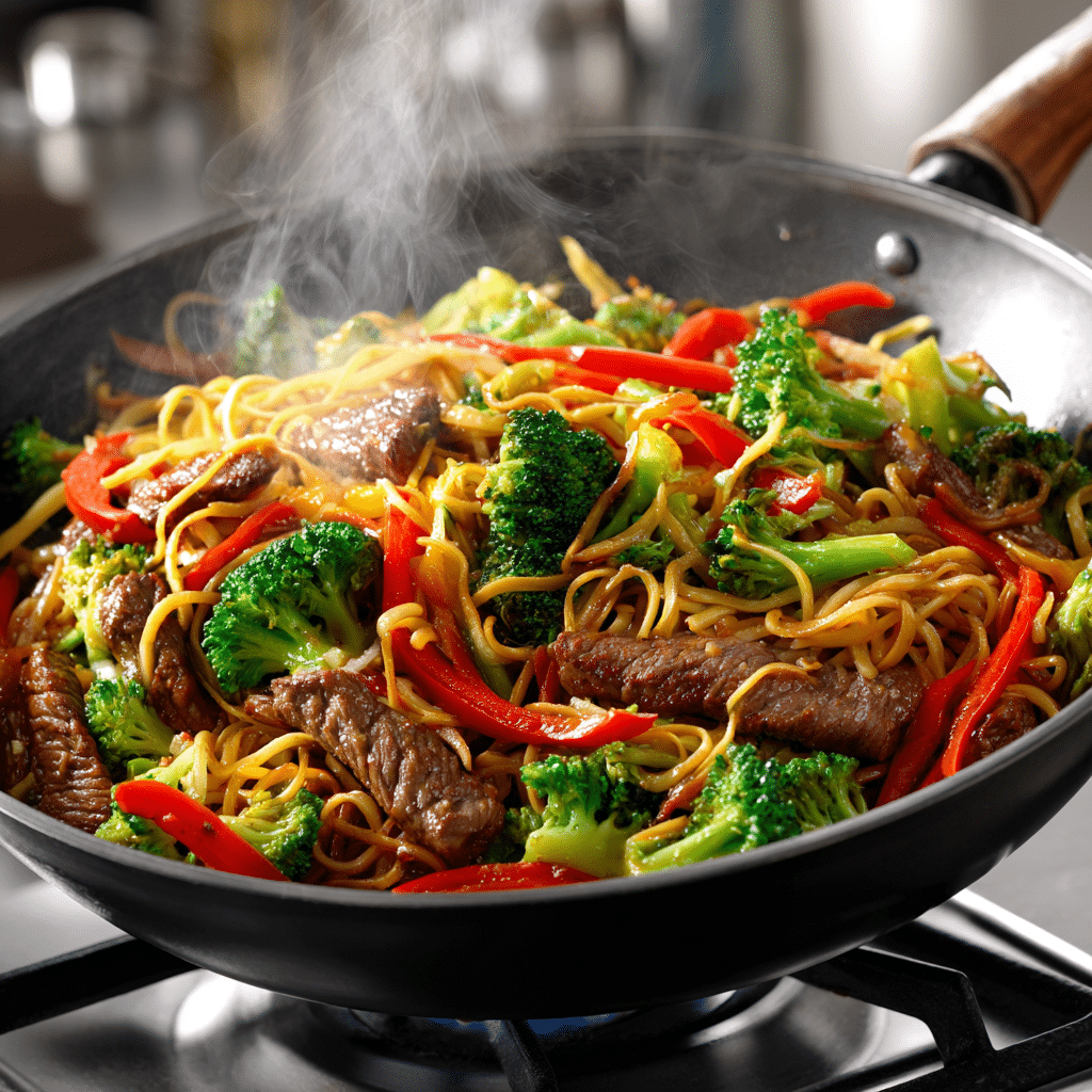 Beef, vegetables, and rice noodles being stir-fried together in a wok with glossy sauce.