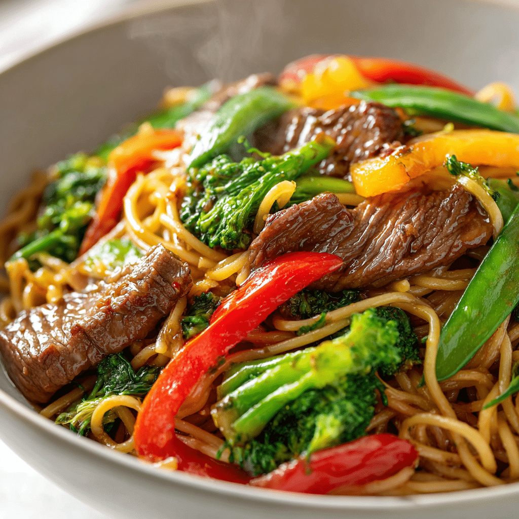 Close-up of gluten-free beef lo mein with beef slices, rice noodles, and fresh vegetables in a white bowl.