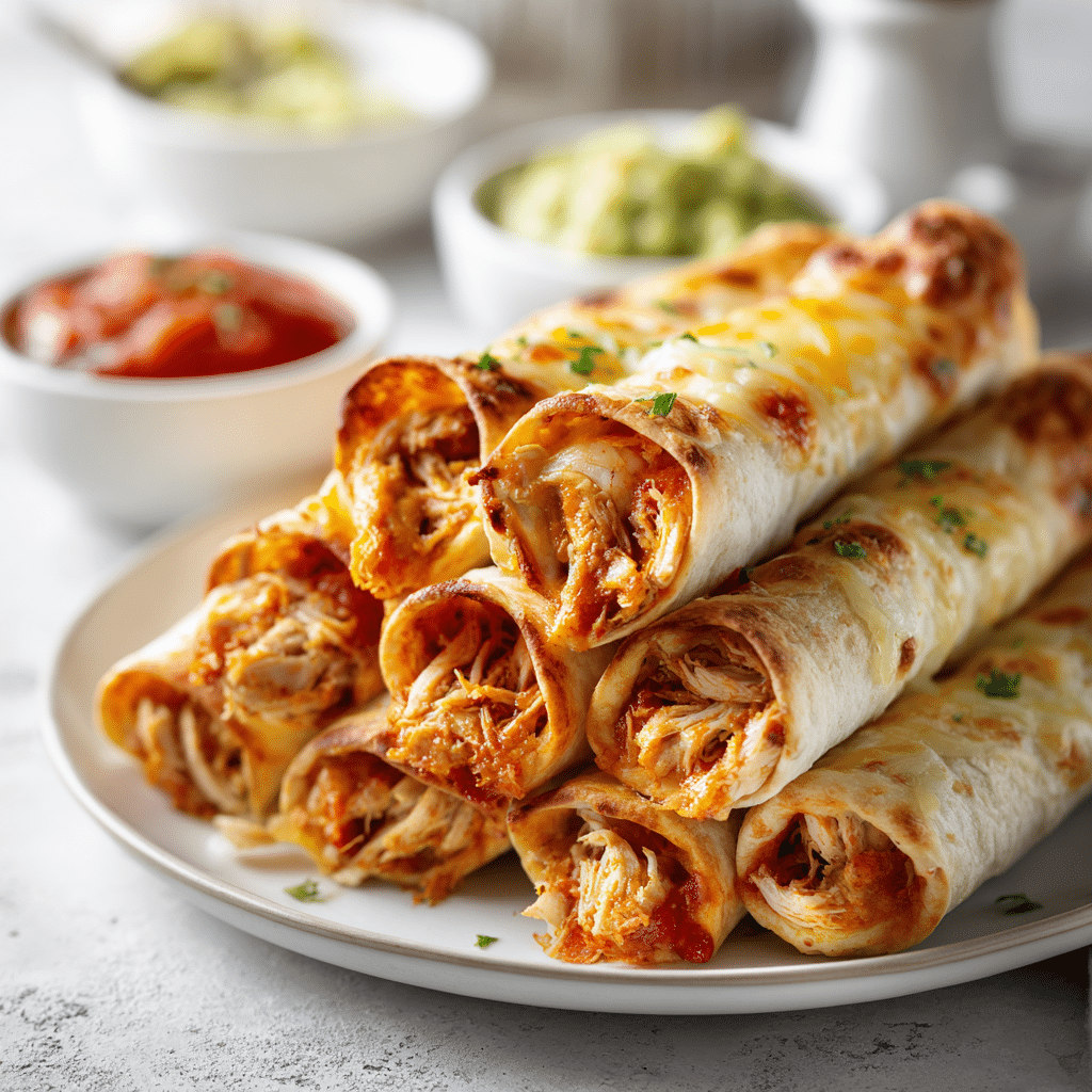 Easy Gluten Free Chicken Taquitos Recipe baked and served with dips