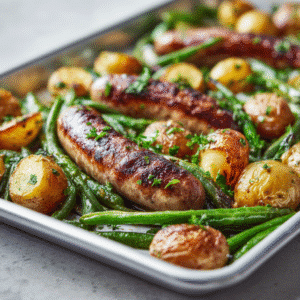 Sheet pan with browned sausage, golden baby potatoes, and blistered green beans on parchment