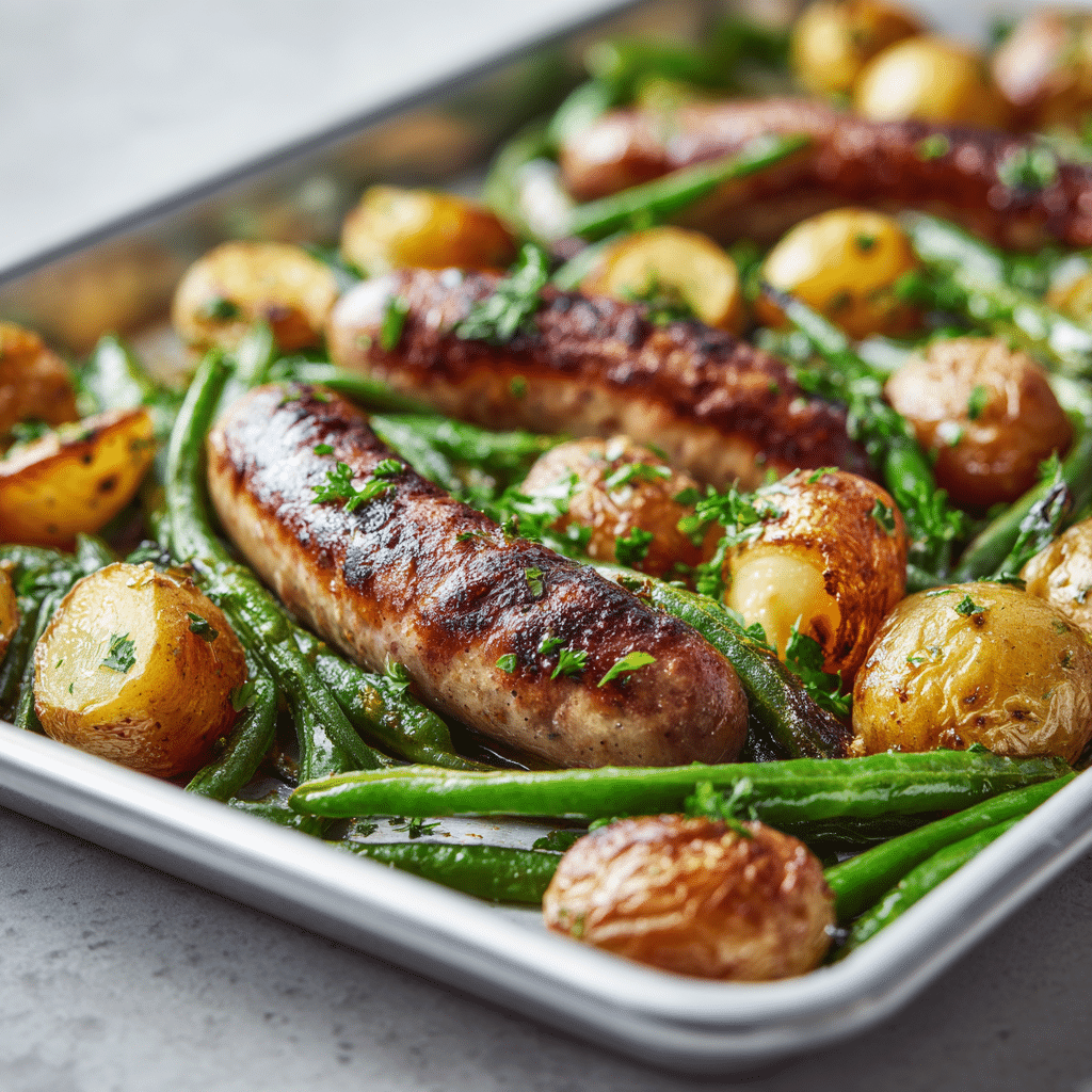 Sheet pan with browned sausage, golden baby potatoes, and blistered green beans on parchment