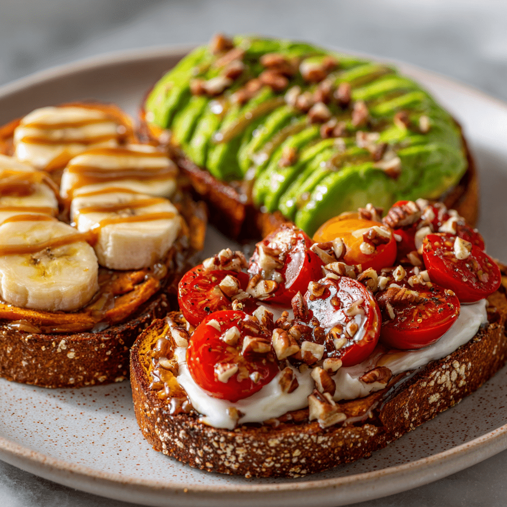 Three variations of Sweet Potato Toast with different toppings on one plate.