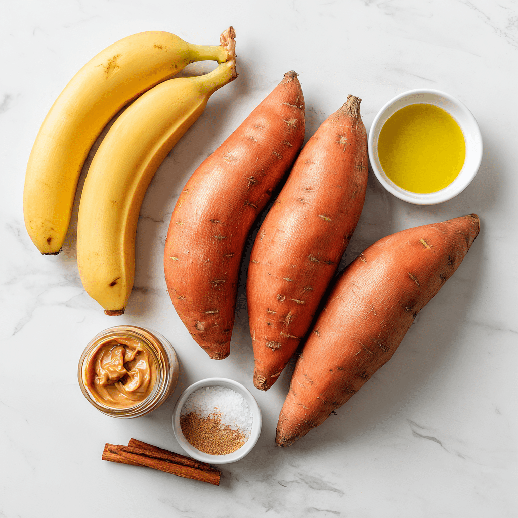 Ingredients for Sweet Potato Toast including sweet potatoes, olive oil, almond butter, bananas, and cinnamon.