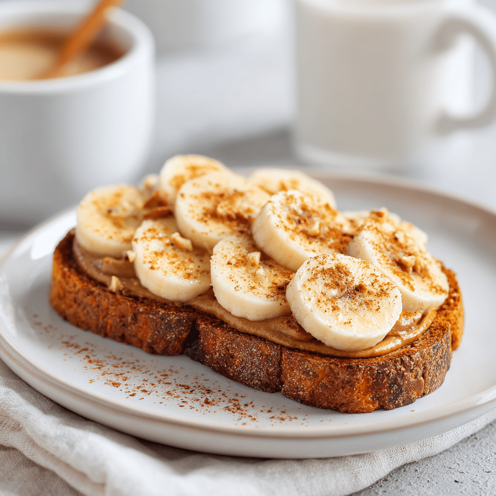 Sweet Potato Toast with almond butter, banana slices, and cinnamon on a white plate.