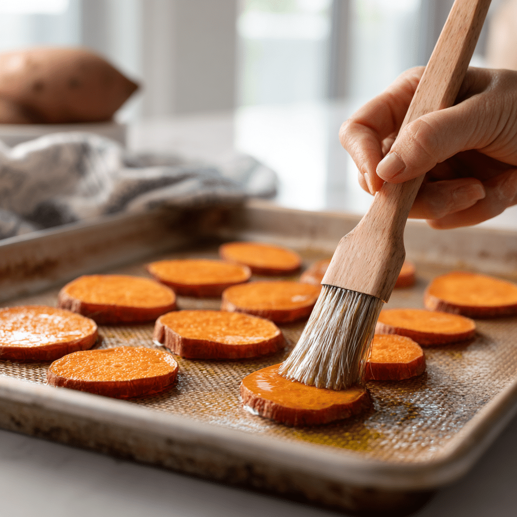 Sweet potato slices being brushed with olive oil on a baking sheet.