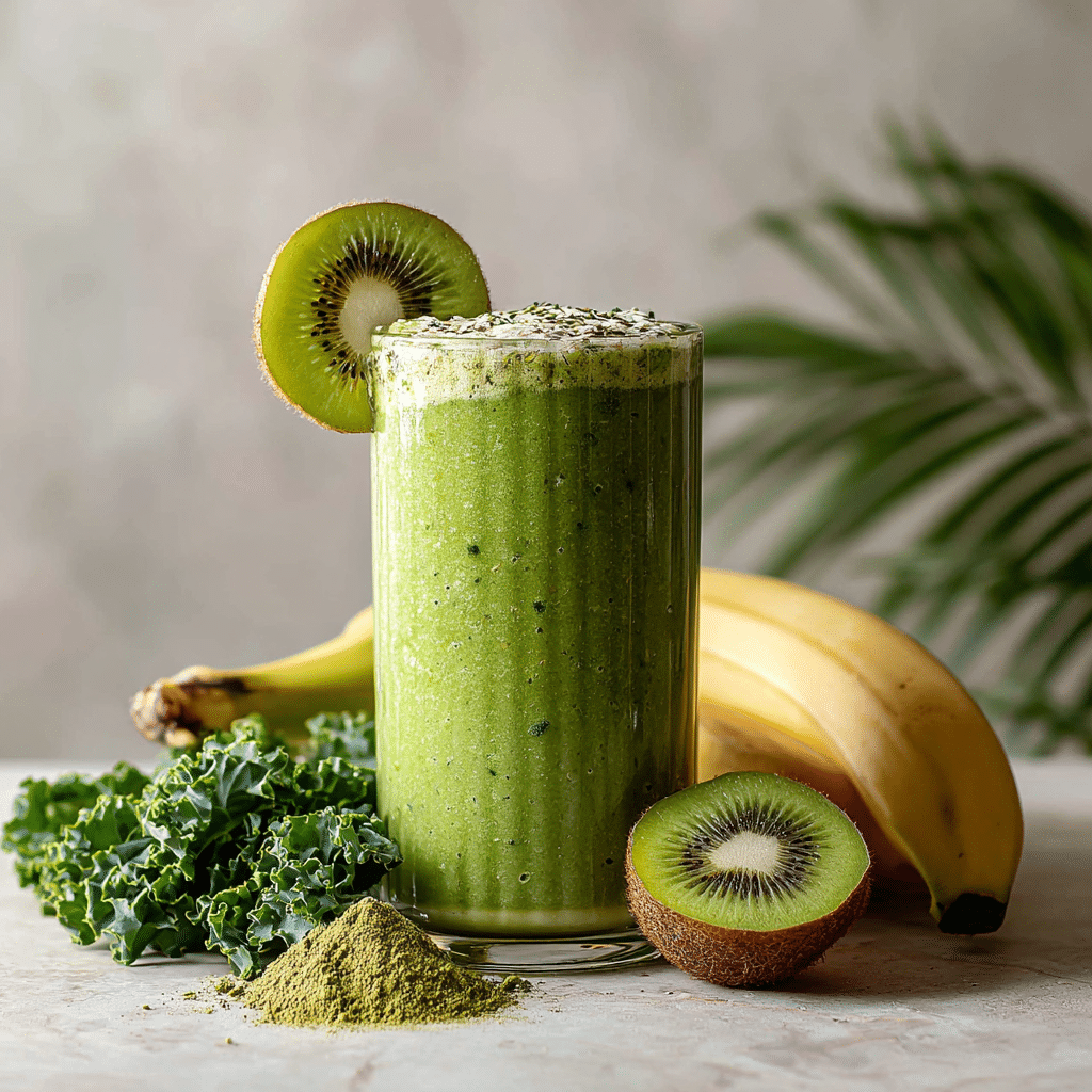 green protein smoothie with berries and flax